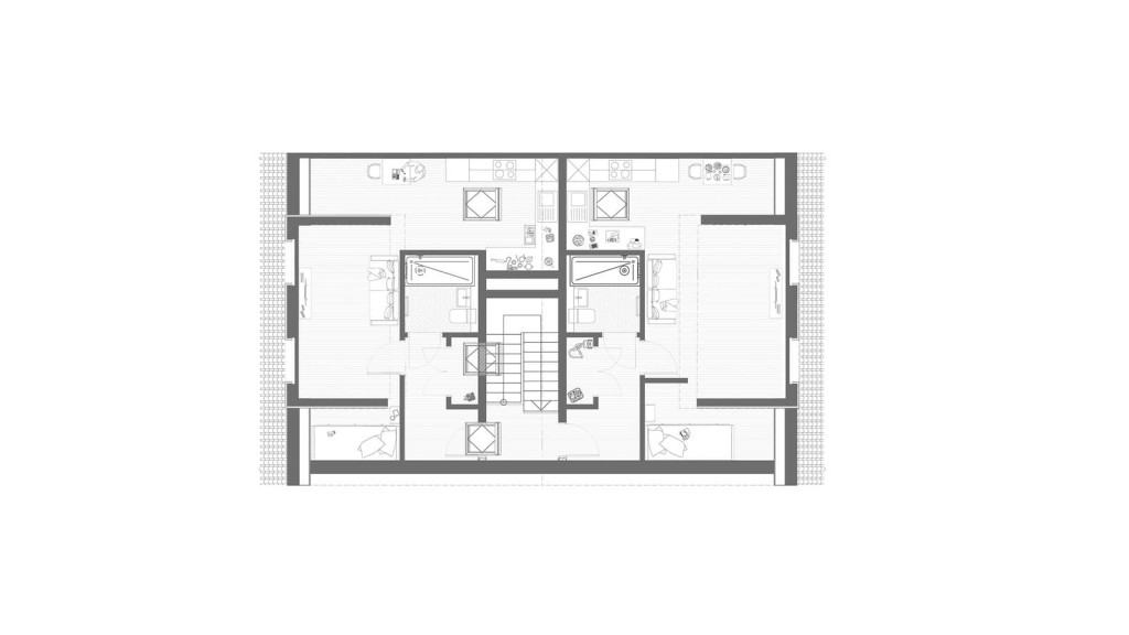 Architectural floor plan of the second floor in a redeveloped small-site residential project on Royston Road, SE20. This detailed plan features the layout of two apartments, each designed with efficient use of space, including one bedroom, an open-plan kitchen and living area, and a modern bathroom. The design highlights the optimised footprint within an urban setting, ensuring compliance with building regulations while maximising comfort for future residents. This plan is part of the comprehensive redevelopment project that transformed a single, deteriorated dwelling into six self-contained apartments, demonstrating innovative and space-efficient architectural solutions.