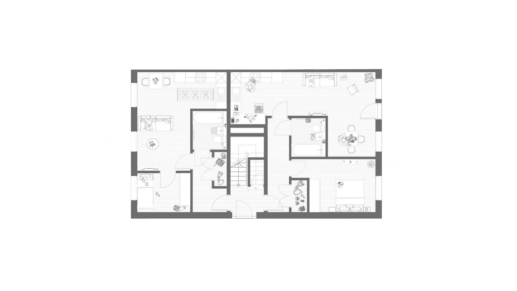 Architectural floor plan of the first floor layout in a redeveloped small-site residential project on Royston Road, SE20. This detailed blueprint illustrates the design of two apartments, each featuring two bedrooms, an open-plan kitchen and living area, and modern bathrooms. The layout reflects an optimised use of space within an urban setting, adhering to building regulations and maximising comfort and functionality for residents. This floor plan is part of a broader redevelopment project that transformed a single, rundown dwelling into six self-contained apartments, showcasing innovative architectural and interior design solutions.