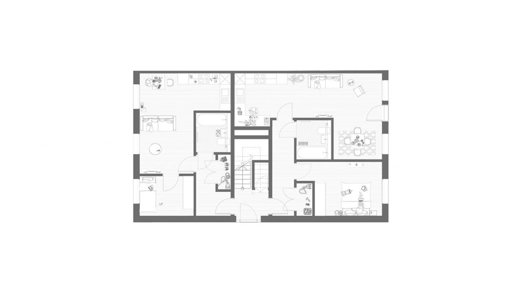 Architectural floor plan of the ground floor apartments layout in a redeveloped small-site residential project on Royston Road, SE20. The detailed blueprint illustrates the efficient use of space, featuring two bedrooms, two bathrooms, an open-plan kitchen and living area, and a centrally located staircase. The design reflects careful planning to maximise the use of the compact urban plot, ensuring compliance with modern building regulations and space standards. This layout is part of a project to transform a rundown dwelling into six high-quality, self-contained apartments.