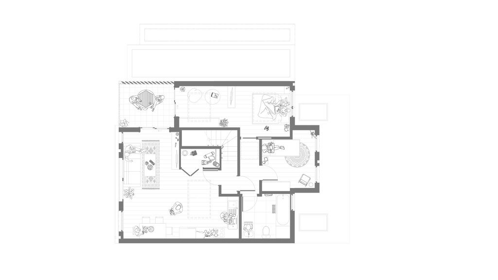 Architectural blueprint of a proposed second-floor layout within a small infill development, presenting a clear design of living areas, bedrooms, and bathroom with designated furniture arrangement, ideal for architectural reviews.