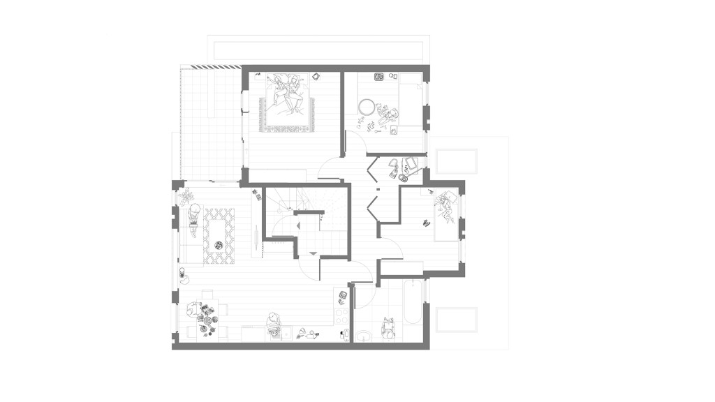 Precise architectural plan for a proposed first-floor renovation in a small-scale infill development, depicting a well-organised layout with clear indications of living spaces, kitchen, bedrooms, and appliances, essential for builders and property developers.