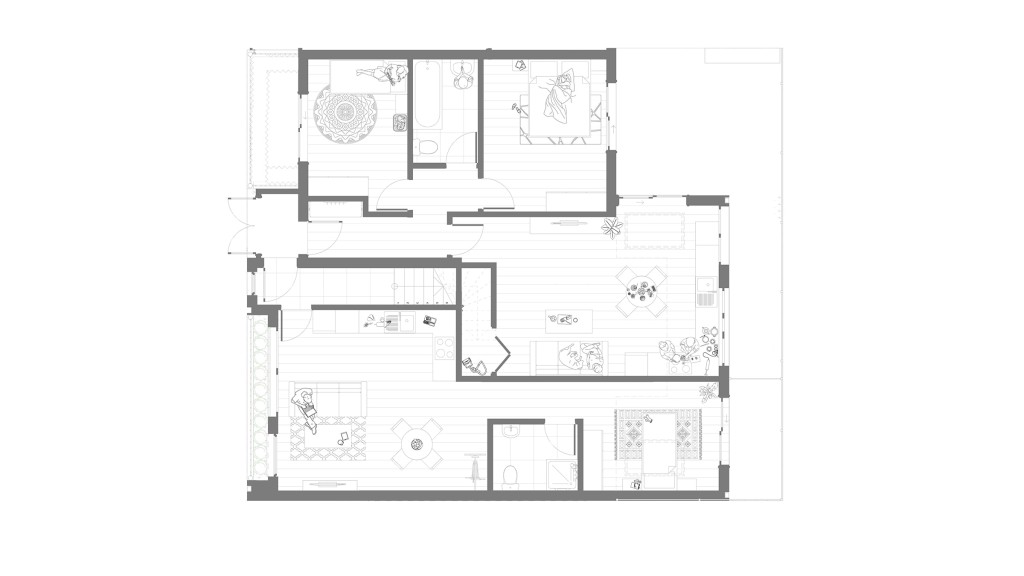 Detailed architectural plan for a proposed ground floor in a small infill development, featuring two units including a spacious kitchen, living room, dining area, and bathroom, complete with furniture layout and appliance placement, ideal for planning permission.