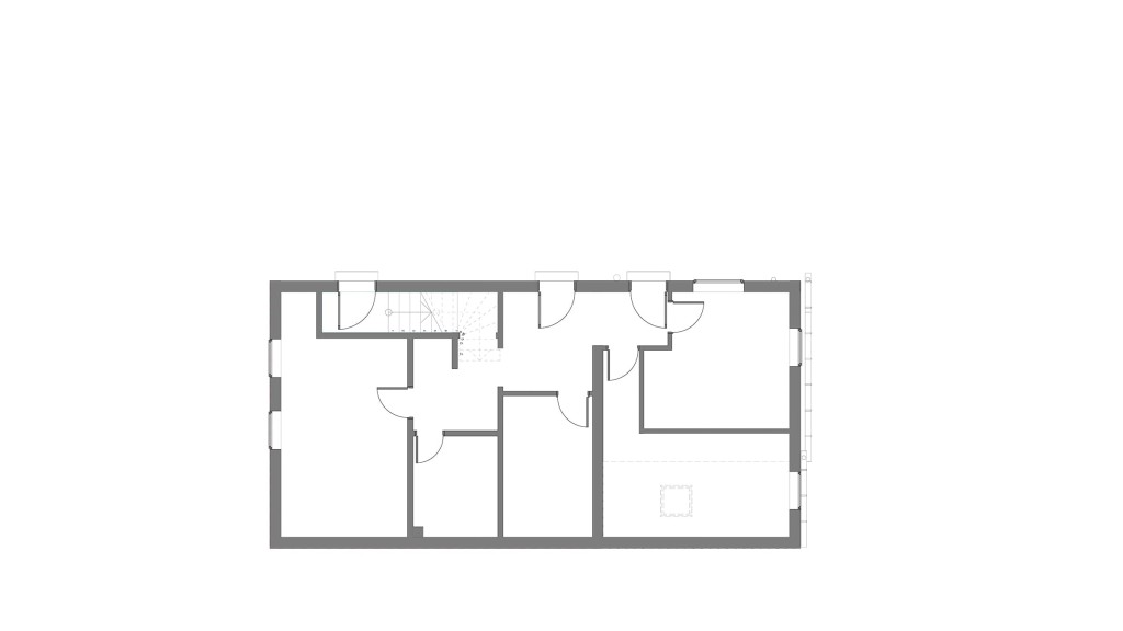 Clean line drawing of an existing ground-floor plan for a small infill development project, showcasing the architectural layout with clear indications of rooms, doors, and furniture placement, suitable for design review, client presentations and local planning authorities.