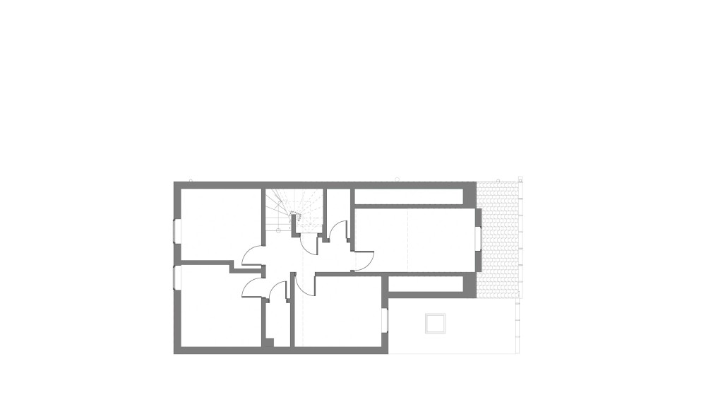 Architectural drawing of the existing first-floor plan in a small infill development, highlighting the structural layout and room configuration, suitable for architects and builders to plan renovations or remodels.