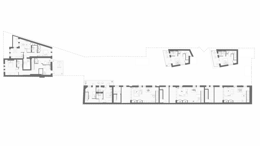 Proposed first floor plan for a new residential project by Urbanist Architecture, detailing the layout of multiple units. The architectural drawing illustrates room divisions, staircases, and access points, emphasising efficient use of space and modern design principles. Essential for architects, planners, and real estate developers, this plan provides a comprehensive overview of the first floor's structural organisation.