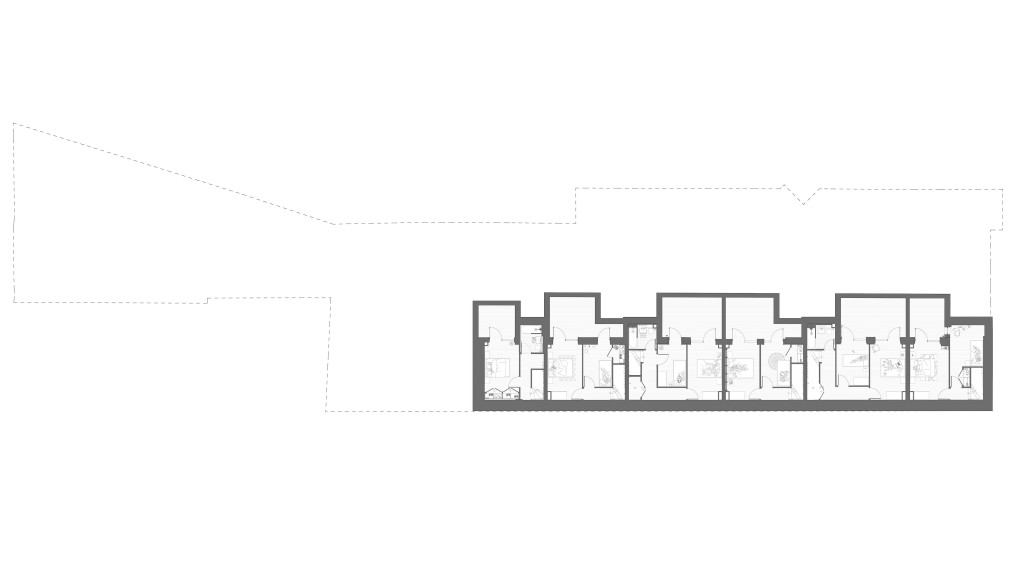 Proposed basement floor plan for a new build project by Urbanist Architecture, illustrating the layout of multiple residential units. The detailed architectural drawing shows room configurations, walls, and utility areas designed for efficiency and comfort. Ideal for architects, planners, and developers, this floor plan is crucial for understanding the project's structural and spatial organisation.