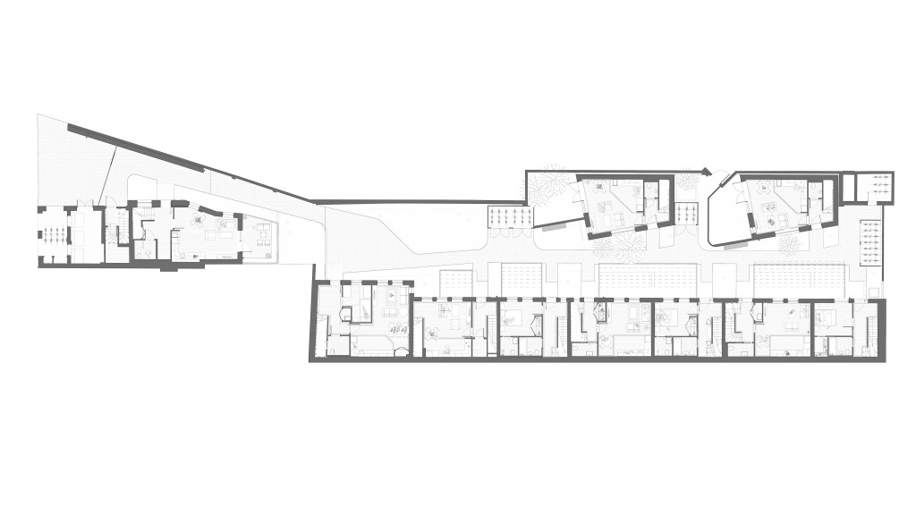 Proposed ground floor plan for a new build project by Urbanist Architecture, showcasing detailed layouts for residential units. This architectural drawing includes room configurations, entrances, common areas, and outdoor spaces, providing a comprehensive overview of the ground floor structure.