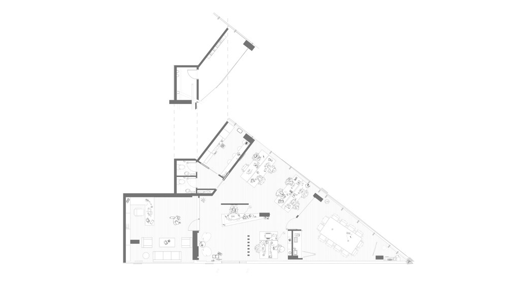 Floor plan of the proposed interior design for Urbanist Architecture Office, showcasing a contemporary office layout within a wedge-shaped urban plot. The design includes a spacious meeting room with floor-to-ceiling windows, a reception area with an imposing marble slab featuring the company logo, work desks in a high-ceiling open plan area, and the managing director's office equipped for both meetings and private work. Custom-made furniture and a suspended ceiling feature add functionality and aesthetic appeal, exemplifying the firm's commitment to detailed and inspired architectural solutions.