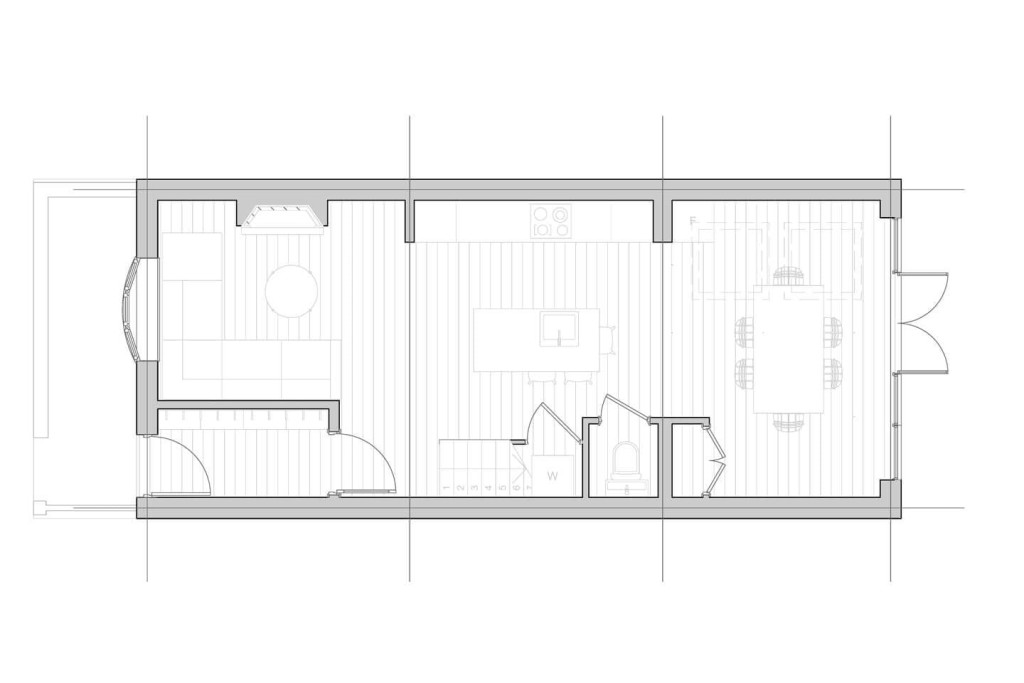 Detailed architectural blueprint of the proposed ground floor plan, showing a strategic layout of a living area, dining room, and kitchen, with furnishings depicted for scale and clarity, suitable for planning and design reference.