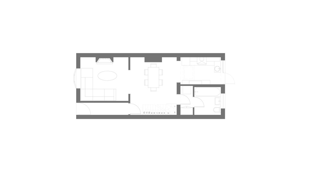 Architectural floor plan of the existing ground floor for a home extension, featuring a detailed layout of living space, dining area, kitchen, and washroom, rendered in fine lines.