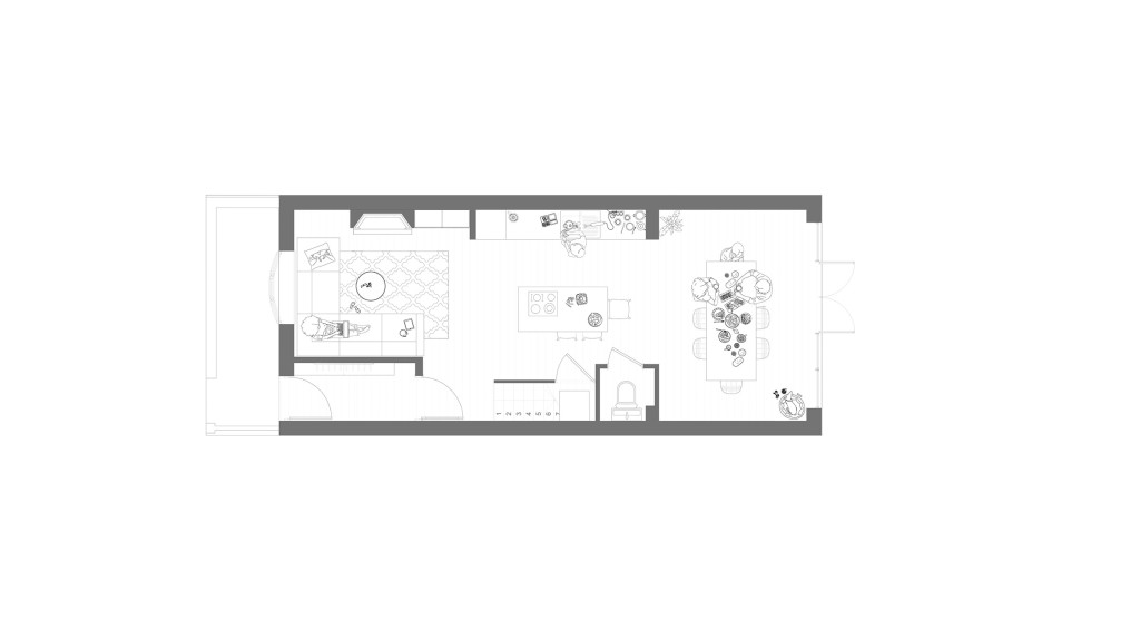 Detailed architectural blueprint of the proposed ground floor plan, showing a strategic layout of a living area, dining room, and kitchen, with furnishings depicted for scale and clarity, suitable for planning and design reference.