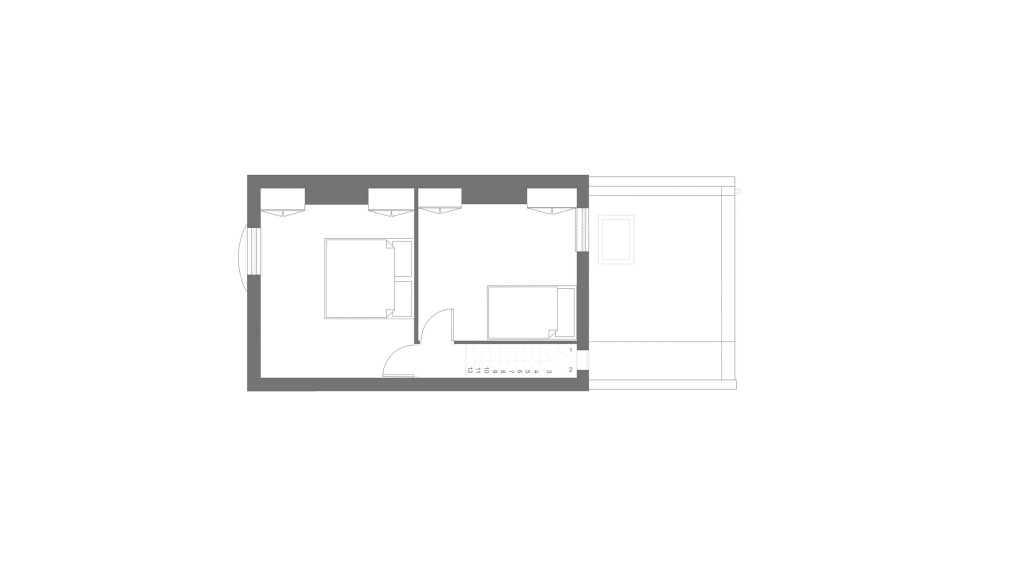 Simplified architectural plan the existing first floor for a small home extension, illustrating a top-down view of two bedrooms suitable for planning permission application.
