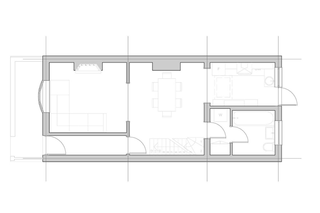 Architectural floor plan of the existing ground floor for a home extension, featuring a detailed layout of living space, dining area, kitchen, and washroom, rendered in fine lines.