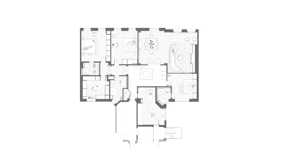 Updated floor plan of a Knightsbridge property, showing redesigned room layouts and planned furnishings for a luxury refurbishment