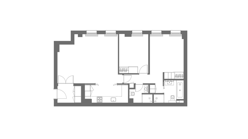 Architectural floor plan of the existing apartment, detailing room layouts, furniture placement, and interior design elements such as the living area, kitchen, bedroom, and bathroom, for real estate and design professionals.