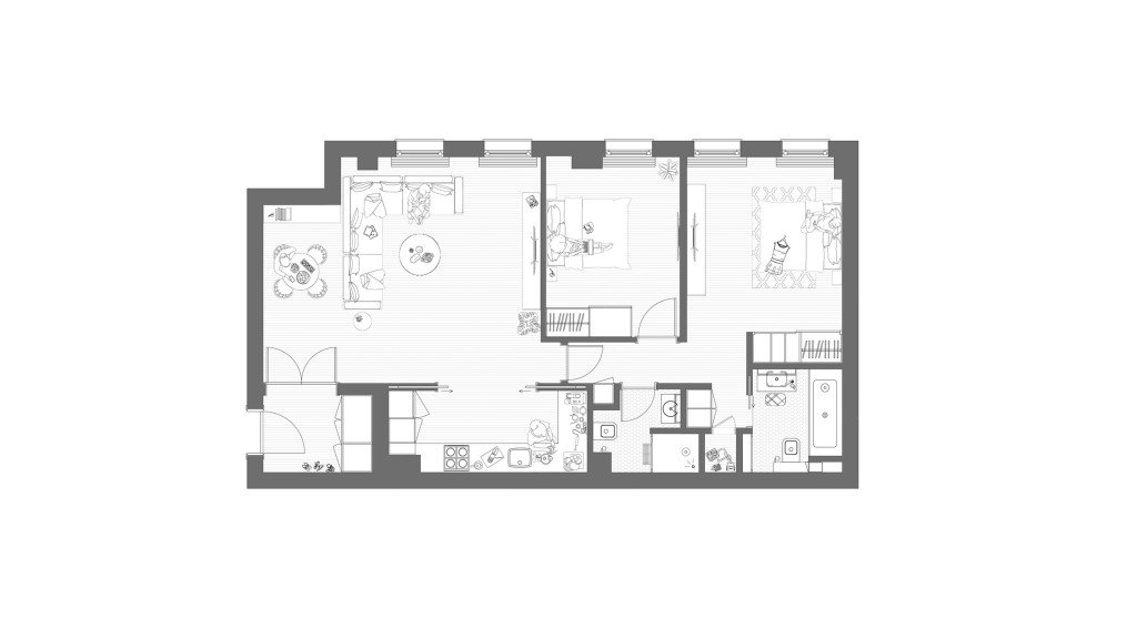 Detailed architectural blueprint of a luxury apartment layout, showing a furnished living room, dining area, bedrooms, and bathroom, ideal for use in presentations by real estate developers and interior designers.