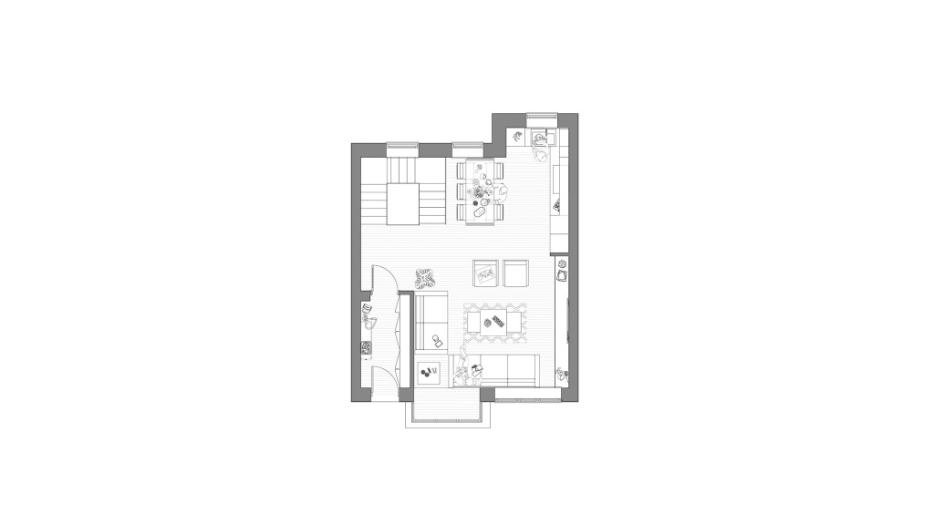 Proposed ground floor plan for a luxury Belgravia mews house renovation. The open-plan layout features a spacious living and dining area, and a modern, integrated kitchen. A sleek corner staircase maximises floor space, providing better flow and functionality.