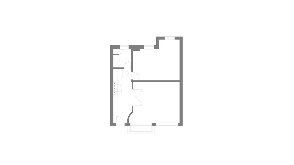 Existing ground floor plan for a luxury Belgravia mews house. The layout includes a separate kitchen and dining area, and a living area. The staircase occupies a significant portion of the floor plan, limiting space utilisation.