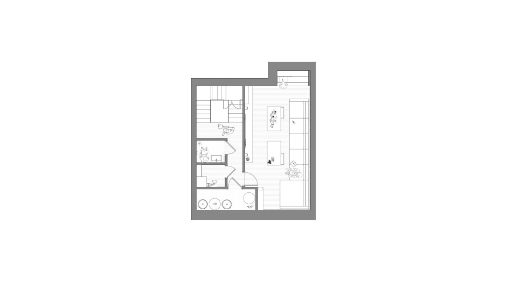 Proposed basement floor plan for a luxury Belgravia mews house renovation. The layout features a spacious cinema room, a laundry area, a water closet, and a plant room. The design optimises space with a compact corner staircase and high-spec furnishings, enhancing functionality and aesthetics.