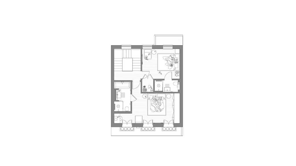 Proposed first floor plan for a luxury Belgravia mews house renovation. This architectural blueprint showcases the new layout, featuring spacious and well-designed rooms, including two large bedrooms with ensuite bathrooms. The plan emphasises efficient space utilisation and modern design elements, aiming to enhance the living experience in this prime central London property.