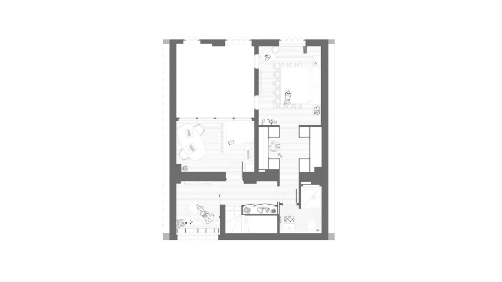 Mezzanine floor plan of a refurbished flat in the Charter Buildings, SE10 8BB. This detailed architectural plan illustrates the optimised use of space with a modern mezzanine office, well-appointed living area, and spacious bedroom. The design includes high-end bespoke joinery, furniture placement, and efficient room layouts. The floor plan also highlights the integration of modern amenities such as underfloor heating, enhancing both functionality and aesthetics. This layout adheres to fire safety regulations while modernising the property's interior without altering the external appearance, significantly improving its value and usability.