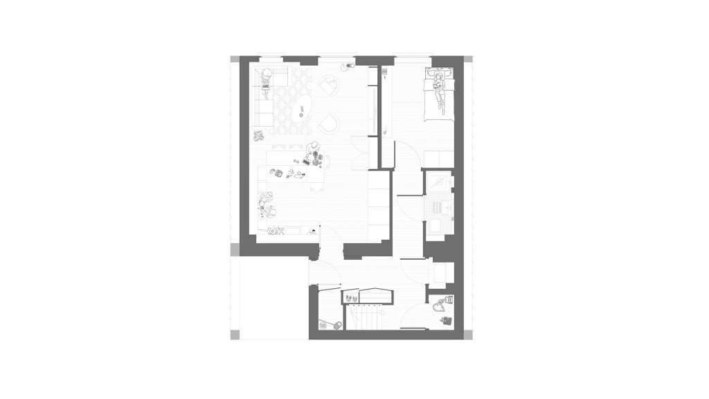 Ground floor plan of a refurbished flat in the Charter Buildings, SE10. The floor plan showcases a modern open-plan living and dining area, a spacious bedroom, and a well-designed kitchen. The layout includes detailed furniture placement and optimised room arrangements for improved functionality. The design integrates high-end bespoke joinery and underfloor heating, enhancing both the aesthetic appeal and practical usability of the space. This architectural plan highlights the creative use of small spaces, adhering to fire safety regulations, and modernising the property's internal layout while maintaining the building's external appearance.