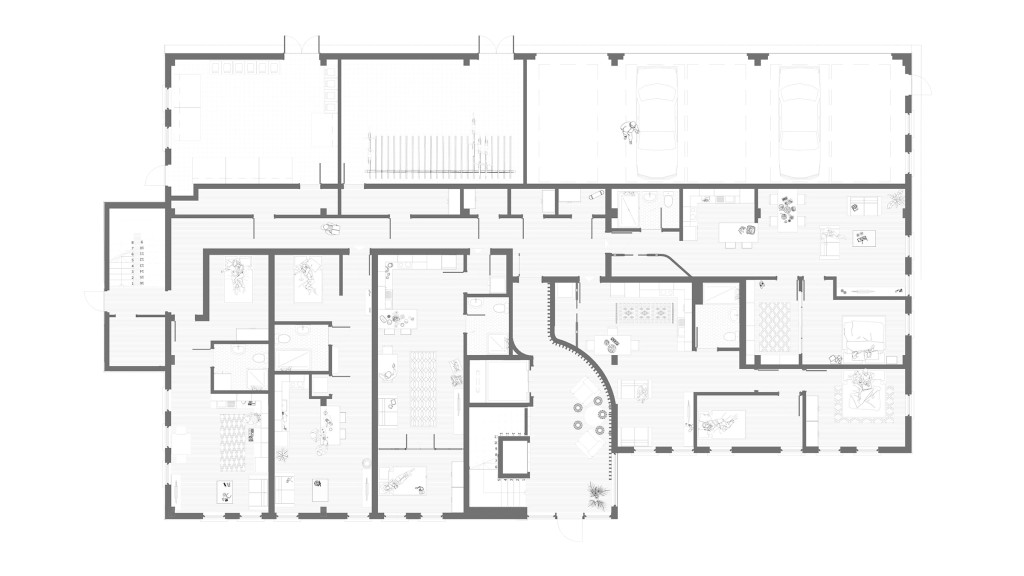 Detailed proposed ground floor plan highlights the transformation into modern residential flats, featuring well-defined living spaces, bedrooms, bathrooms, kitchens, and communal areas. Key elements include the integration of natural light, spacious room layouts, and an Art Deco and midcentury modern design influence. The plan demonstrates the effective use of the existing structure to create stylish, comfortable homes, enhancing urban living in a prime location. This project exemplifies successful adaptive reuse, showcasing innovative design and meticulous planning.