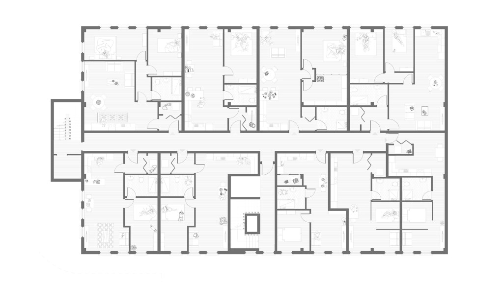 The proposed first-floor plan features multiple well-designed apartments, each with separate living areas, bedrooms, bathrooms, and kitchens, optimising the available space for comfort and functionality. The layout showcases a mix of one and two-bedroom units, incorporating natural light and modern design elements influenced by Art Deco and midcentury modern styles. This conversion plan exemplifies a successful office-to-residential transformation, highlighting Urbanist Architecture’s expertise in creating stylish, comfortable living spaces in urban settings.