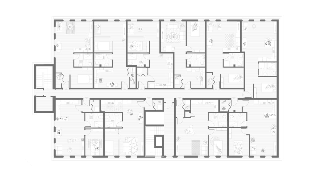 This detailed proposed loft plan architectural drawing features the layout of various apartments, including living rooms, bedrooms, kitchens, and bathrooms. The plan emphasises efficient use of space, modern design elements, and the integration of natural light, aligning with the project’s goal of creating stylish and comfortable urban living spaces. This conversion is part of Urbanist Architecture's initiative to repurpose office buildings into high-quality, well-designed residential accommodations, meeting contemporary housing needs in urban environments.