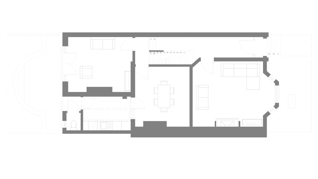 Architectural floor plan of an existing ground floor layout, rendered in grayscale, highlighting the detailed structure and room division for a Scandinavian interior design renovation project.