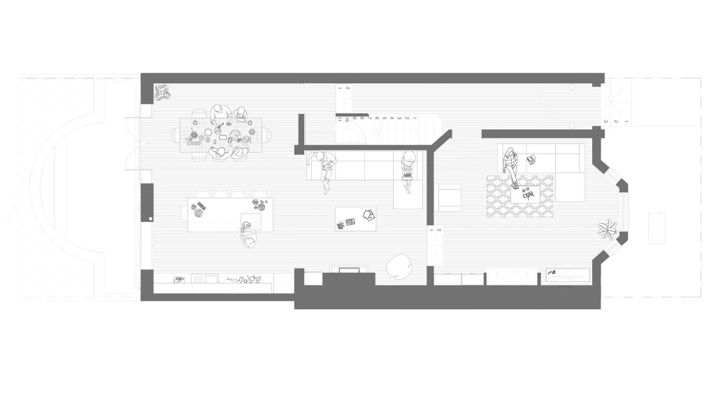 Proposed ground floor plan with Scandinavian design elements, rendered in white and detailed with furniture layout, showcasing an open and functional living space with designated areas for dining, lounging, and kitchen activities.
