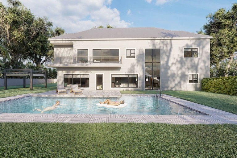 Luxury new-build house in Lagos, Nigeria, featuring a modern design with a large swimming pool. The high-end property, designed by Urbanist Architecture from their London office, showcases elegant landscaping, spacious interiors, and contemporary architecture, providing a serene and upscale living environment.