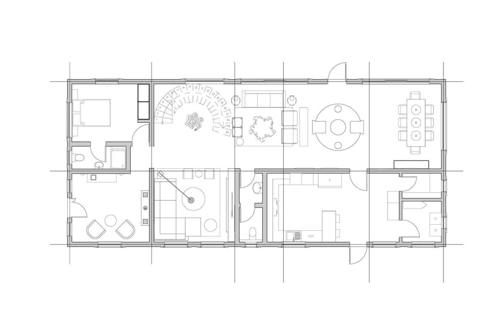Proposed ground floor plan for a new-build house in Lagos, Nigeria, by Urbanist Architecture. The architectural drawing details the layout of the ground floor, including the spacious living room, dining area, kitchen, bedrooms, and luxurious spiral staircase. This design emphasises efficient space utilisation, modern interior architecture, and high-end finishes, showcasing expert planning and design tailored to the client's specifications.