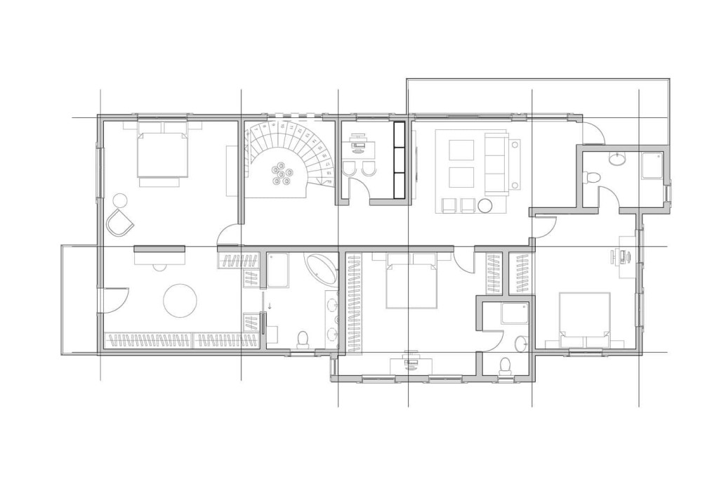 Proposed first floor plan for a new-build house in Lagos, Nigeria, by Urbanist Architecture. This detailed architectural drawing highlights the layout of the first floor, including spacious bedrooms, modern bathrooms, a cosy family lounge, and a luxurious master suite with walk-in closets. The plan also features a striking spiral staircase, showcasing expert interior architecture and efficient space utilisation for a high-end residential project.