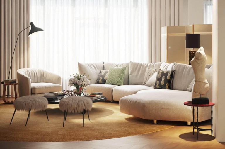 Chic and cosy living room interior with plush cream sofas adorned with decorative cushions, elegant furry stools, a sleek black coffee table, a tall floor lamp, sheer curtains allowing natural light, and a modern golden circular rug dividing the room and adding a luxurious touch to the space.