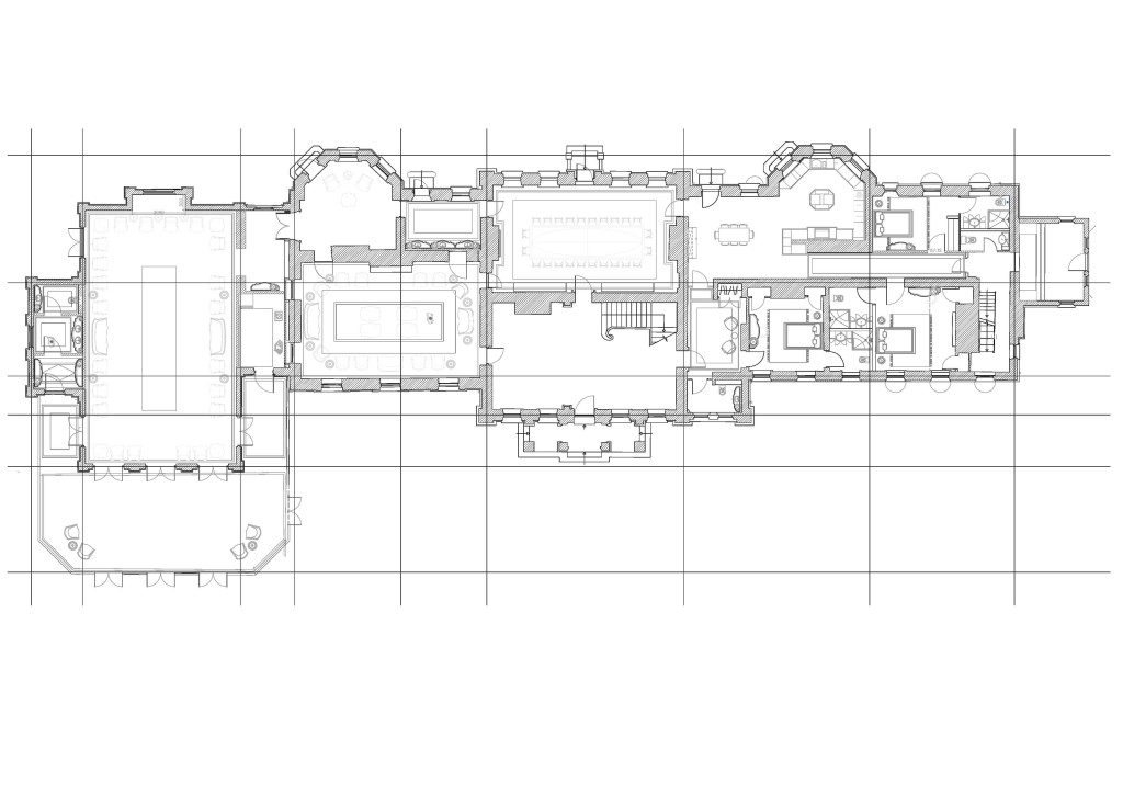 Detailed architectural blueprint of a listed building showcasing a complex layout with multiple rooms, furnished areas, and intricate design elements, ideal for restoration planning or historical architecture studies.