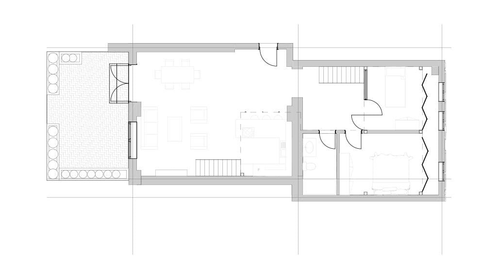 Architectural floor plan the proposed ground floor of a renovated Grade II-listed apartment, illustrating the layout of rooms including a living area, kitchen, bedrooms, bathroom, and outdoor patio. The plan highlights efficient use of space and modern design elements integrated into a historically significant building.