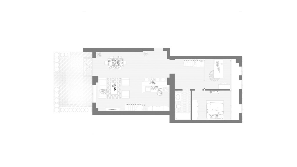 Architectural floor plan the proposed ground floor of a renovated Grade II-listed apartment, illustrating the layout of rooms including a living area, kitchen, bedrooms, bathroom, and outdoor patio. The plan highlights efficient use of space and modern design elements integrated into a historically significant building.