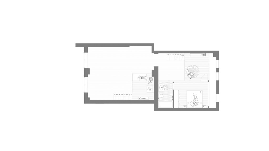 Architectural floor plan of the mezzanine level in a renovated Grade II-listed apartment, showing the layout of a bedroom, bathroom, and open living area. The design highlights efficient space utilisation and modern architectural elements within a historically significant structure.