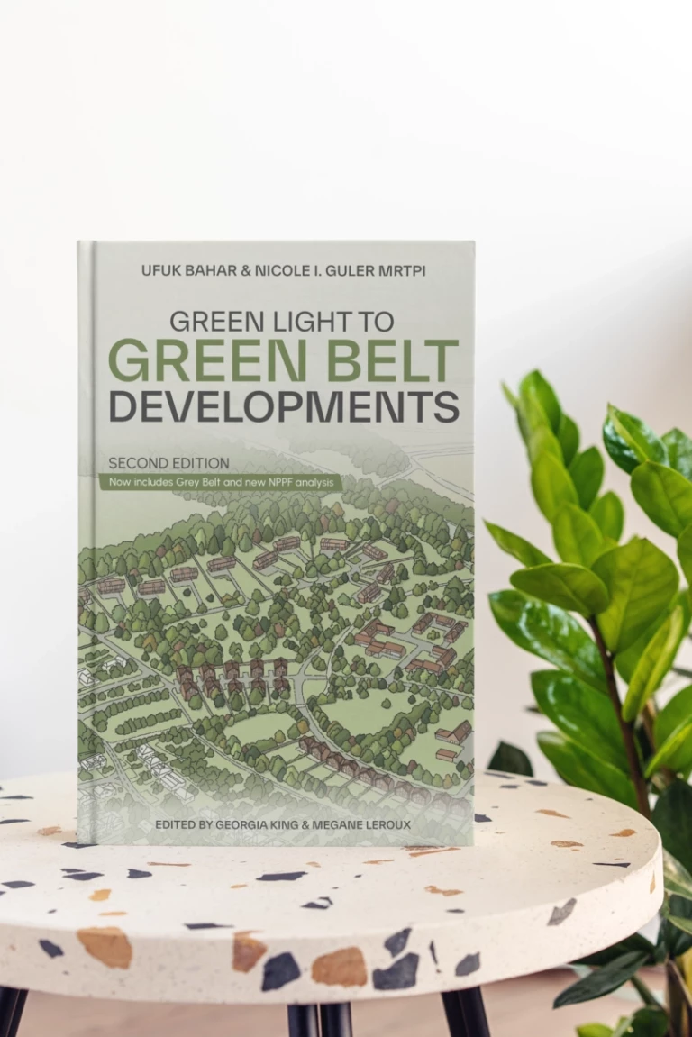 The book titled 'Green Light to Green Belt Developments' by Ufuk Bahar and Nicole I. Guler, focusing on development in green belt areas, with a background of lush green indoor plants.